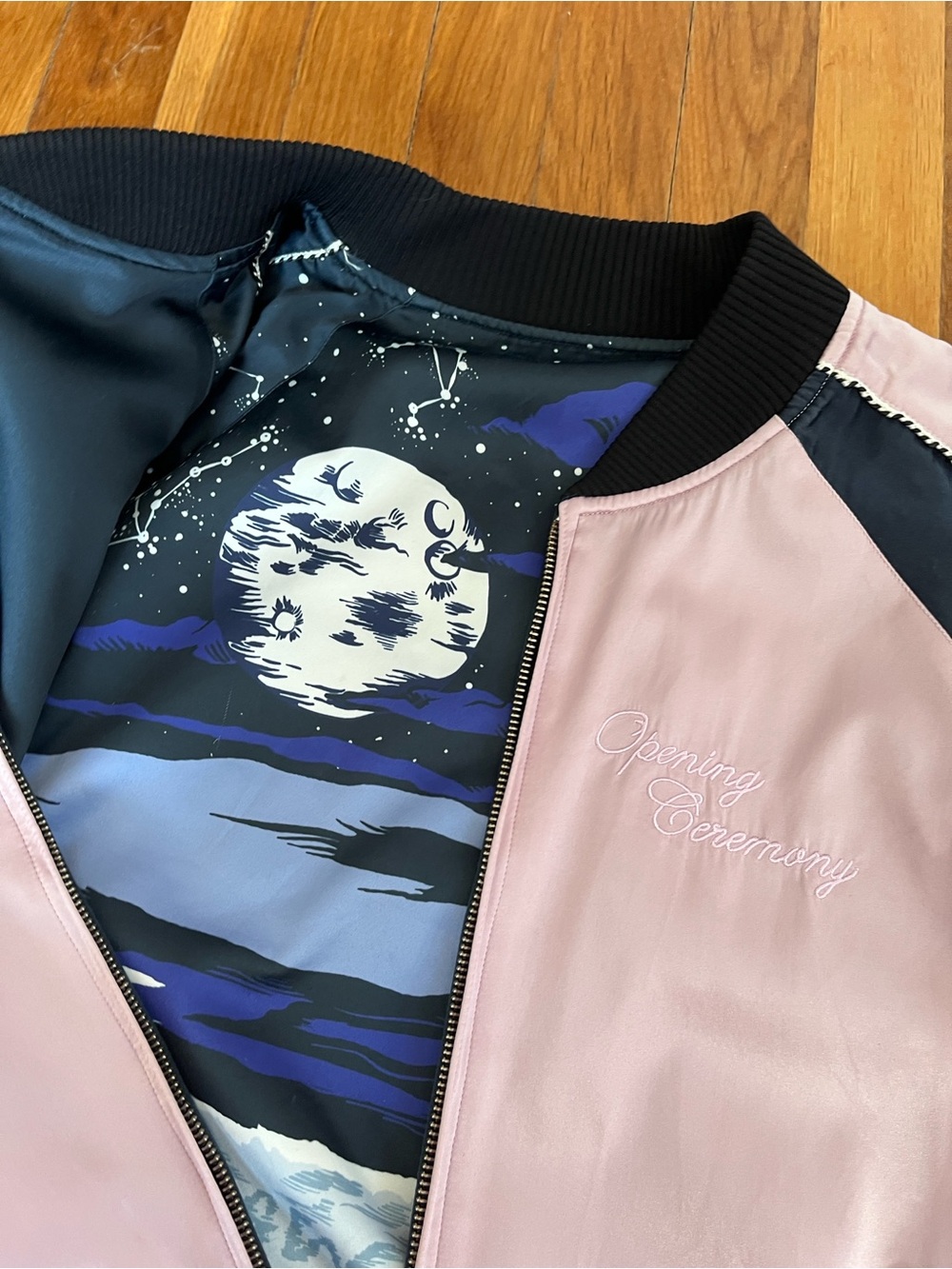 Opening Ceremony Bomber silk reversible embroidered print M pink navy EUC - Picture 6 of 10